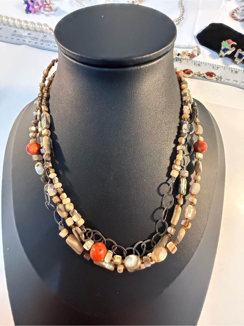 Silpada Multi-Strand Neutral Beaded Necklace with Coral Accents 14”